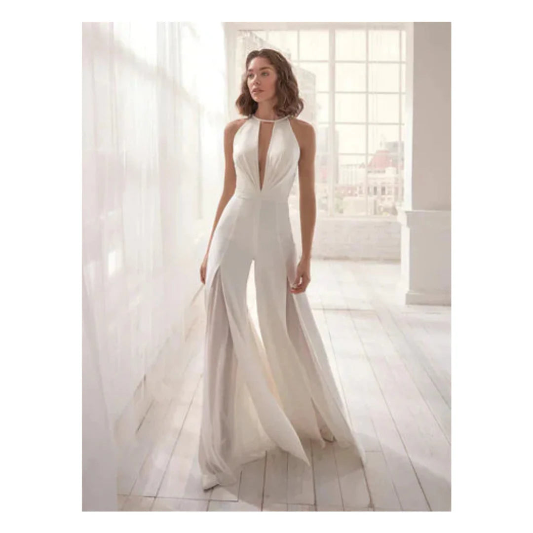 Women’s Jumpsuit - Tailored Fit - Plunging Halter Neck - Wide Leg