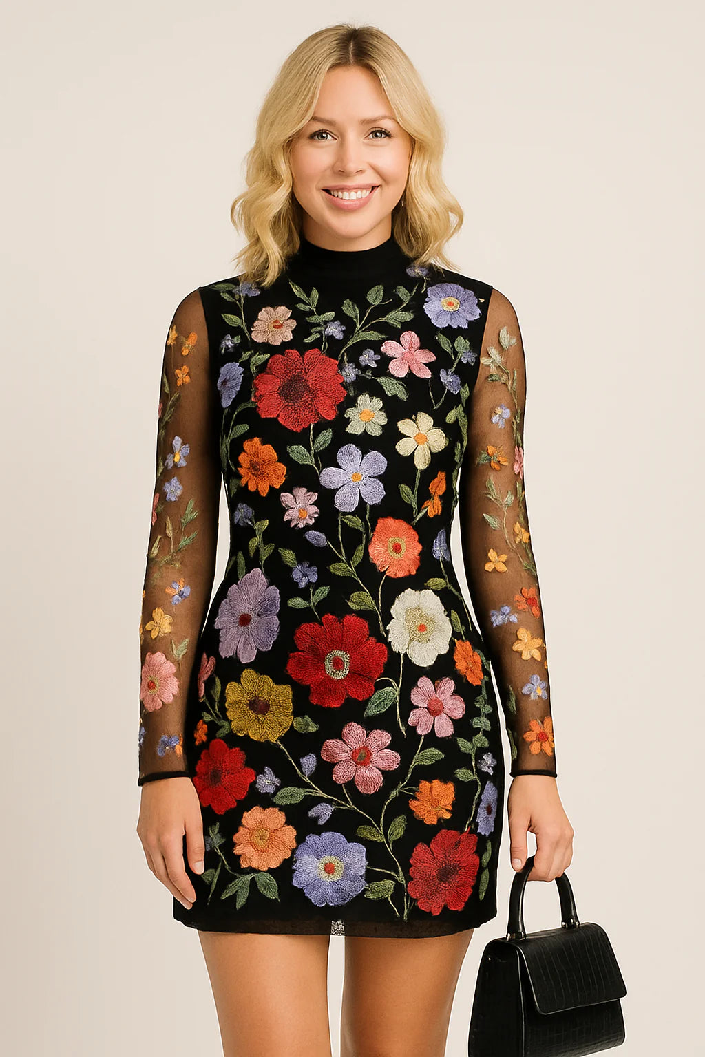 Women’s Mini Dress - Slim Fit - Sheer Mesh - 3D Floral Embroidery - Long Sleeve Elegant