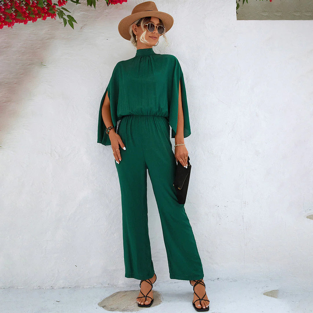 Women’s Jumpsuit – Breathable Blend – Relaxed Fit – High Neck – Cape Sleeve Style