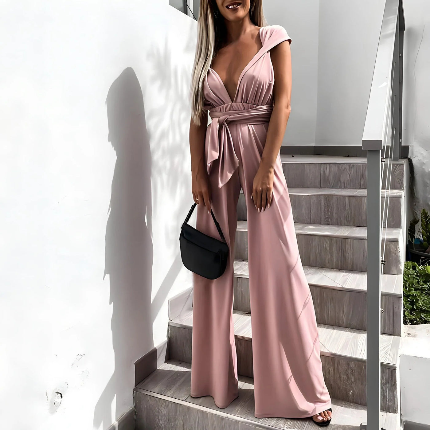 Women’s Jumpsuit – Relaxed Fit – Deep V-Neck – Wide Leg – Adjustable Waist – Breathable Blend