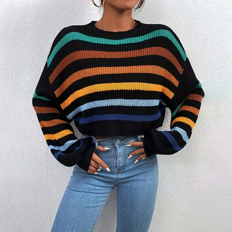 Women’s Knit Sweater - Chunky Wool Blend - Oversized Fit - Crew Neck - Striped Casual Style