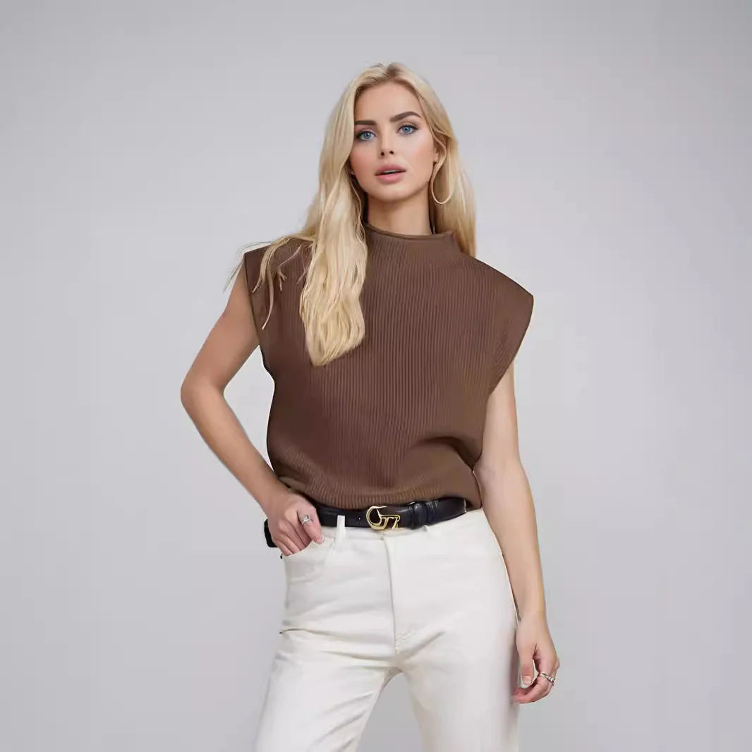 Women’s Sleeveless Turtleneck Sweater - Wool Blend Knit - Relaxed Fit - Ribbed Texture