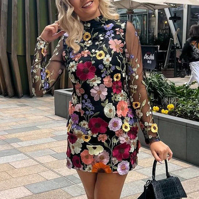 Women’s Mini Dress - Slim Fit - Sheer Mesh - 3D Floral Embroidery - Long Sleeve Elegant