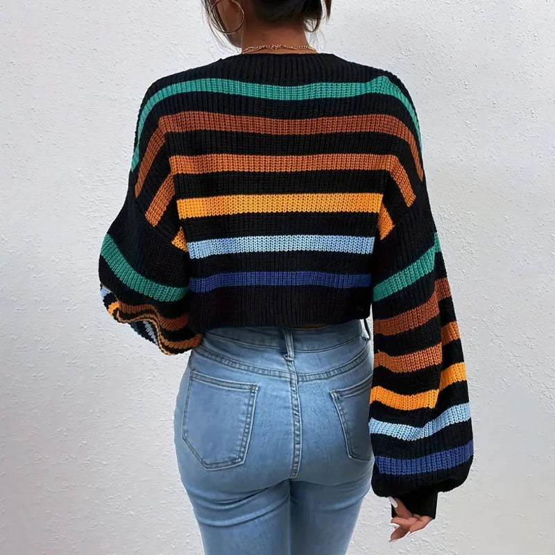 Women’s Knit Sweater - Chunky Wool Blend - Oversized Fit - Crew Neck - Striped Casual Style