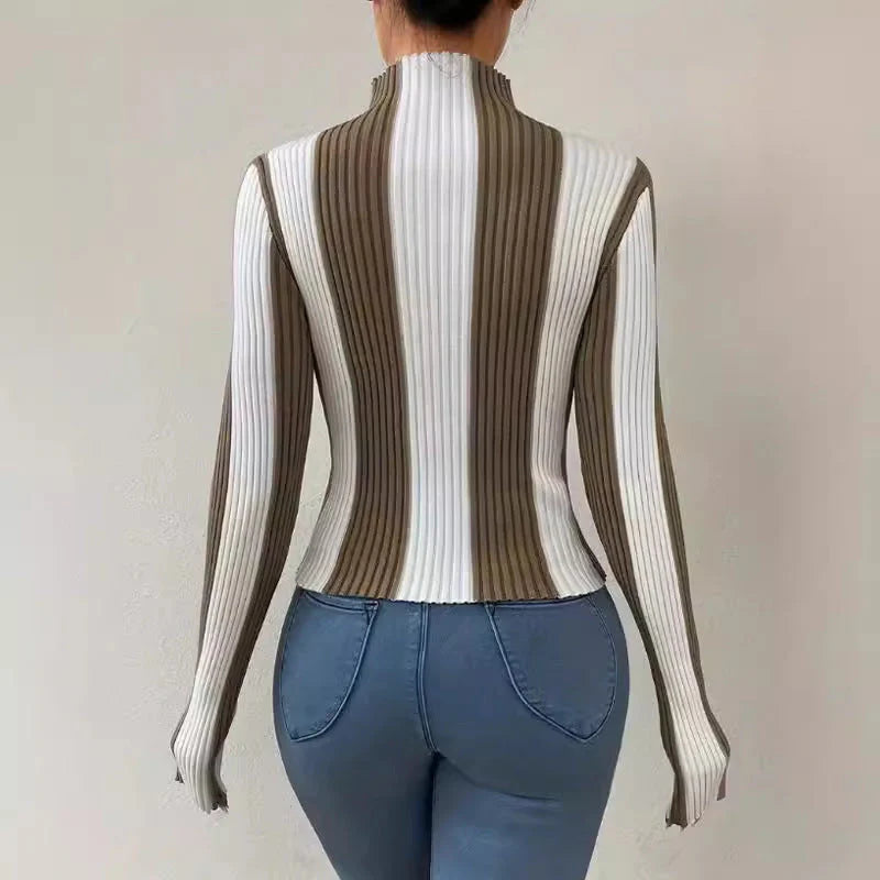 Women’s Knit Top – Slim Fit – Ribbed Texture – Mock Neck – Long Sleeve Stylish Layer