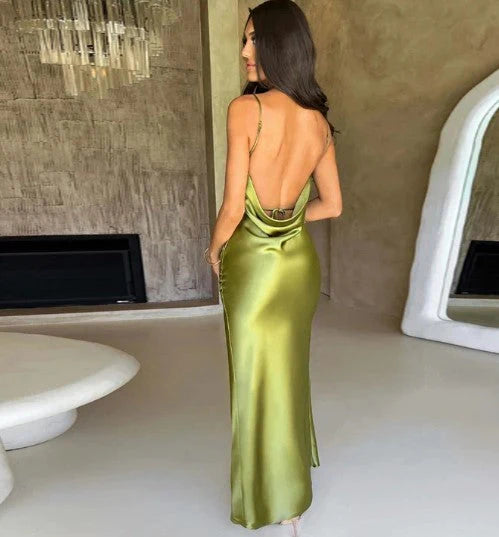 Women's Satin Slip Dress - Cowl Neck - Spaghetti Straps - High Slit Elegant Evening Wear