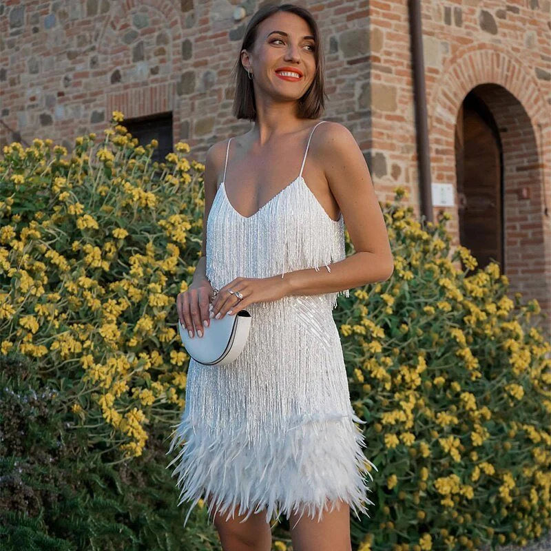 Women's Cocktail Dress - Spaghetti Straps - Fringe & Feather Detailing - Elegant Fit