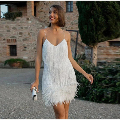 Women's Cocktail Dress - Spaghetti Straps - Fringe & Feather Detailing - Elegant Fit